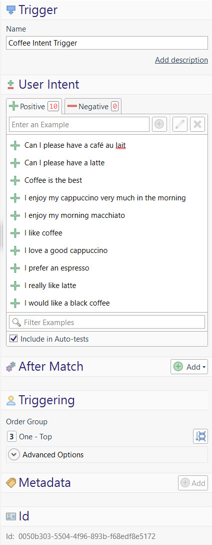 Trigger panel with User Intent, Match and After Match