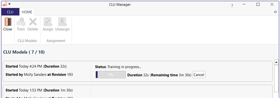 CLU Manager with trainign in progress