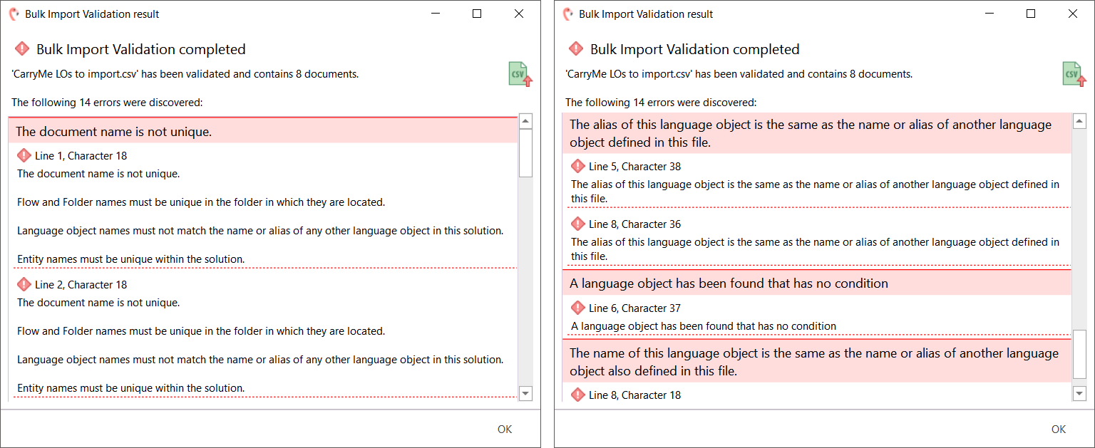 Example of Bulk import validation results